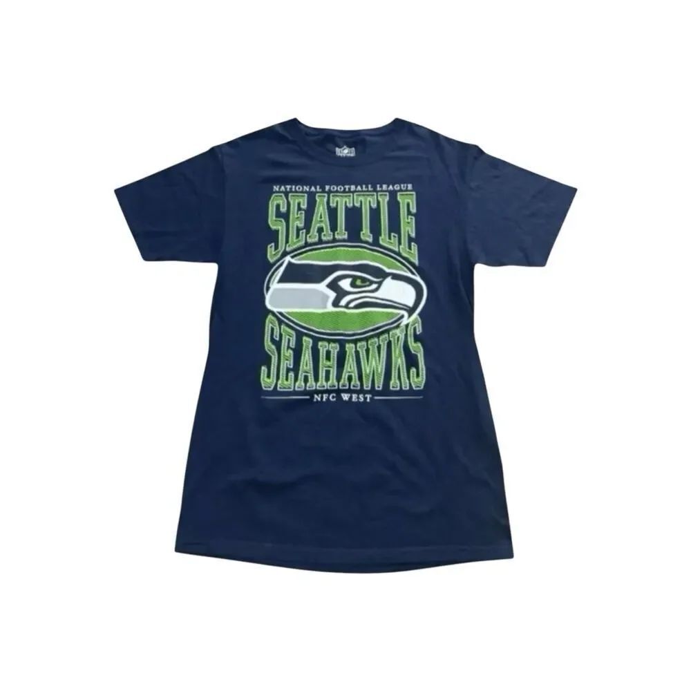Men Seattle Seahawks Blue Graphic T-Shirt Size S Cotton NFL Short Sleeve